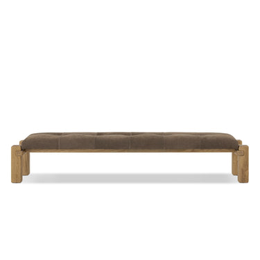 A brown upholstered bench with a cushioned top and wooden frame made from reclaimed French oak.